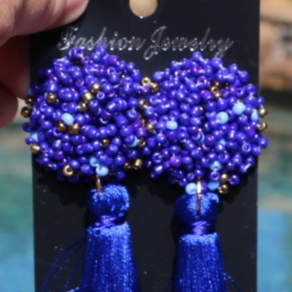 New! Large Blue Boho Earrings Post Drop Tassels - Picture 3 of 5